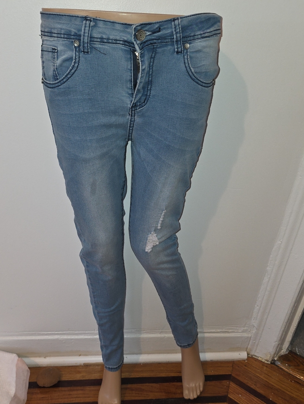 Light Blue Skinny Jeans with Subtle Distress - Women's Stretch Denim